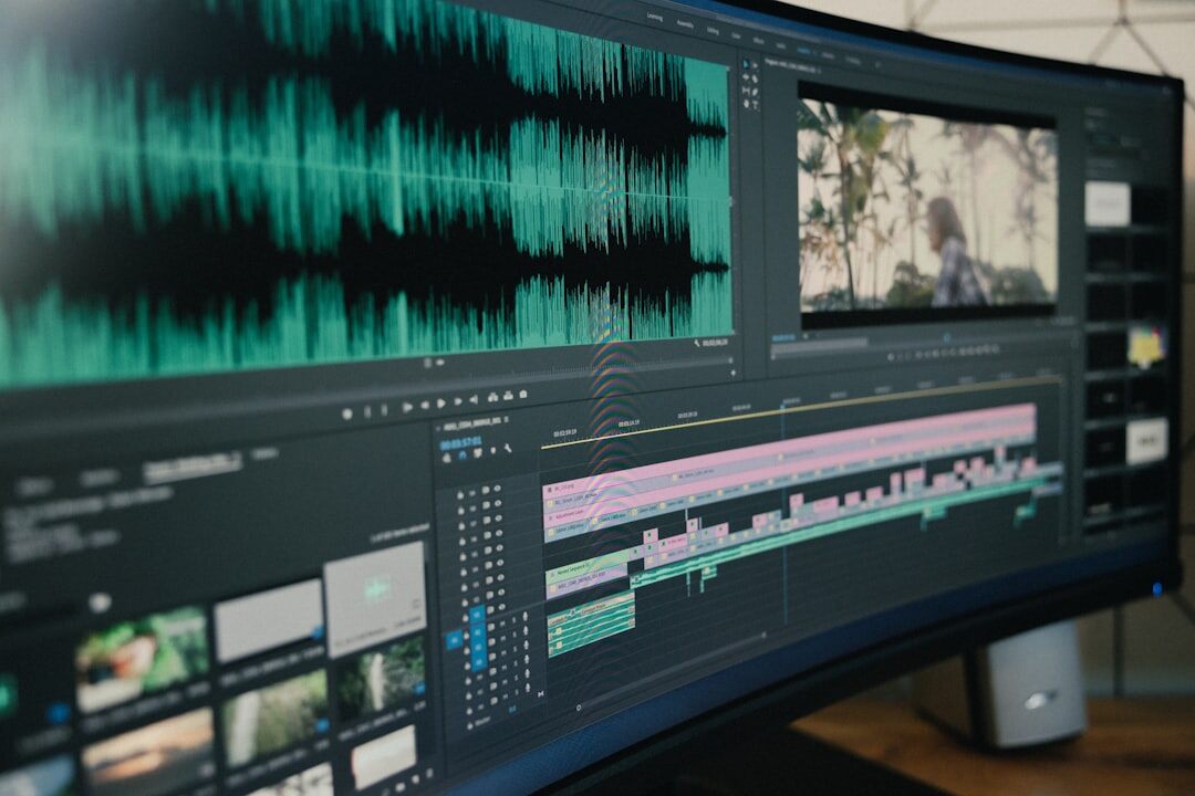 Video editing workstation with multiple screens showing footage